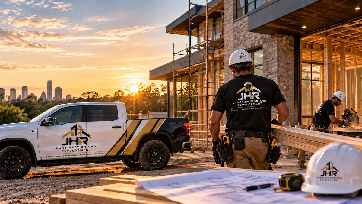 Construction workers in branded gear on a job site at sunset with a pickup truck and residential building under development